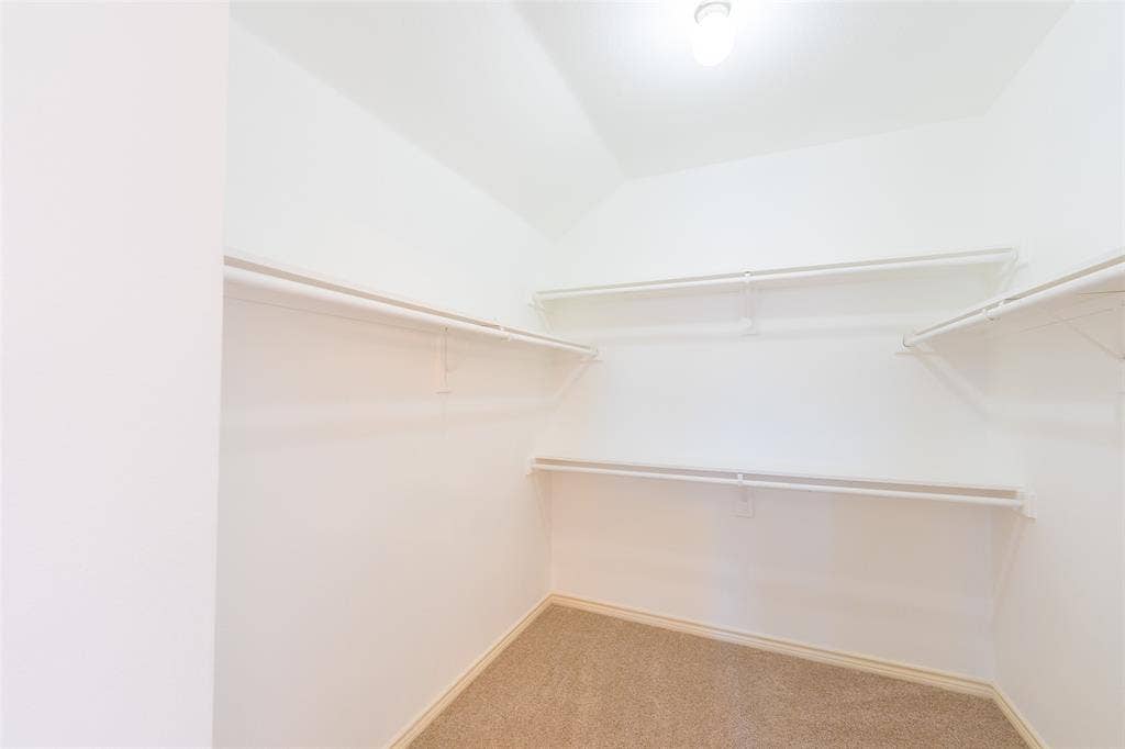 Walk-in closet featuring carpeted flooring, tiered white wire shelving, and overhead lighting
