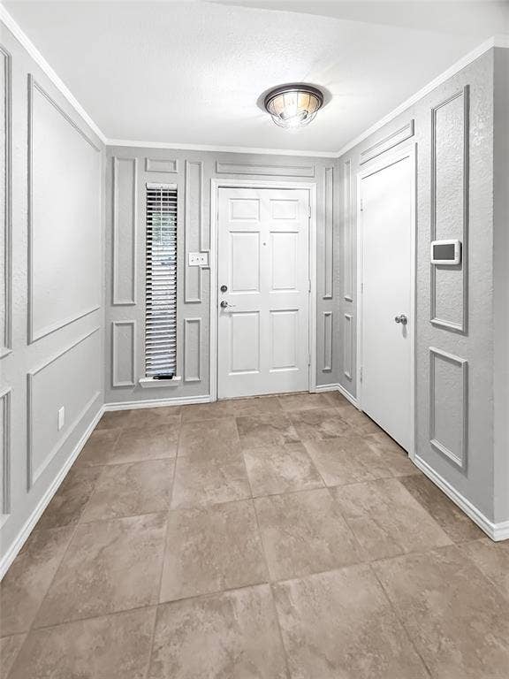 305 N Cottonbelt Avenue, Wylie, TX 75098 Entryway featuring decorative wall molding, tile flooring, six-panel door, vertical sidelight window, and a flush-mount ceiling fixture