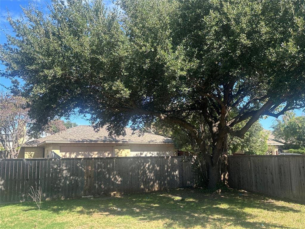 Rear exterior featuring a mature shade tree, grass lawn, and wood privacy fencing