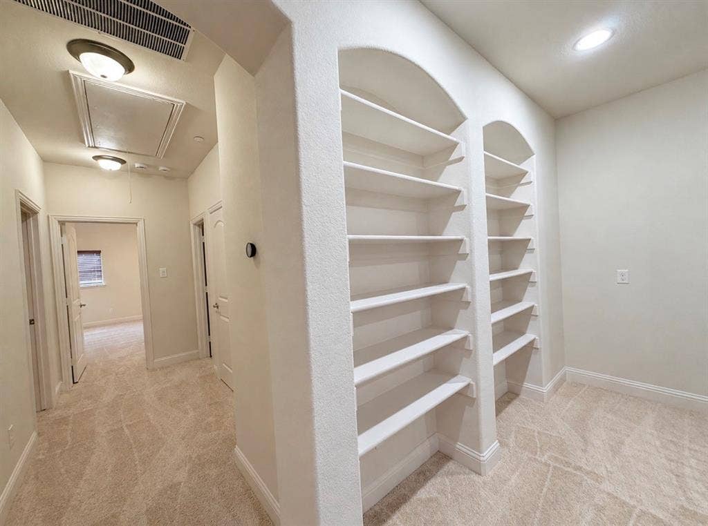 8616 Naomi Street, Plano, TX 75024 Dual arched built-in shelving units with fixed-tier storage and wall-to-wall carpeting