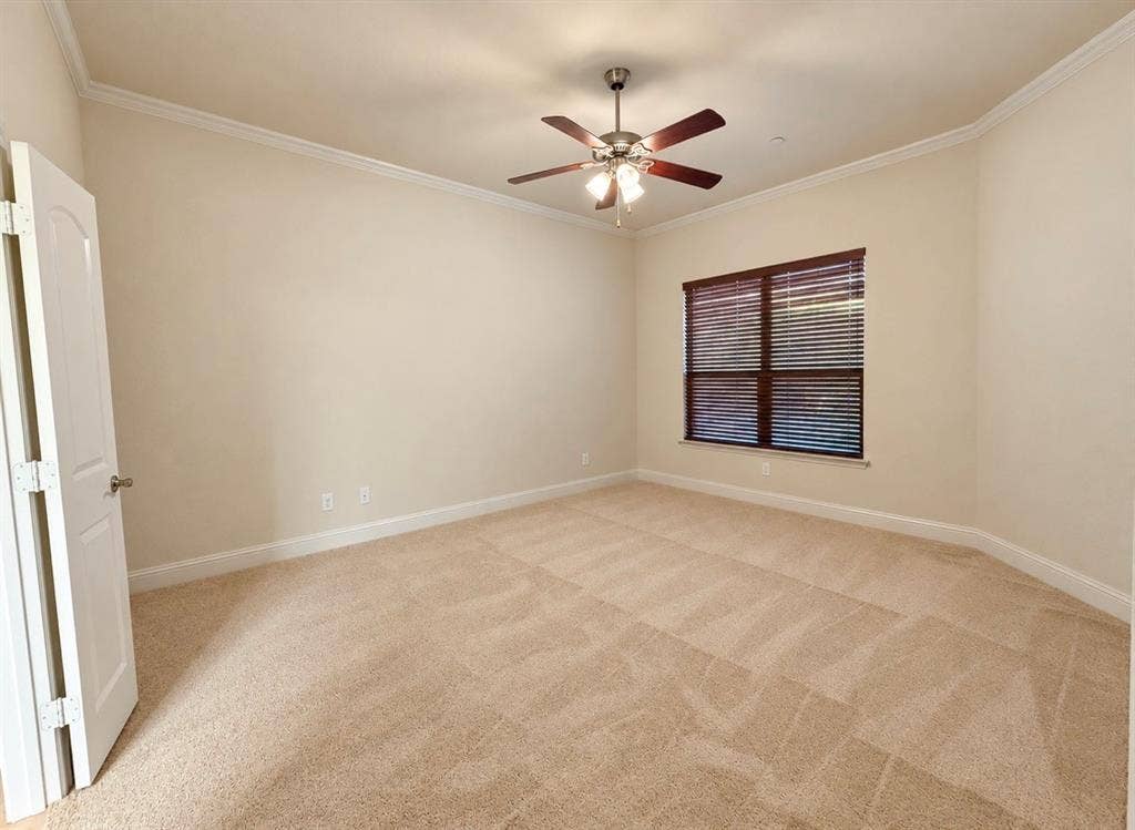 8616 Naomi Street, Plano, TX 75024 Neutral-toned room featuring wall-to-wall carpeting, crown molding, a central ceiling fan with integrated lighting, and a multi-pane window with horizontal blinds