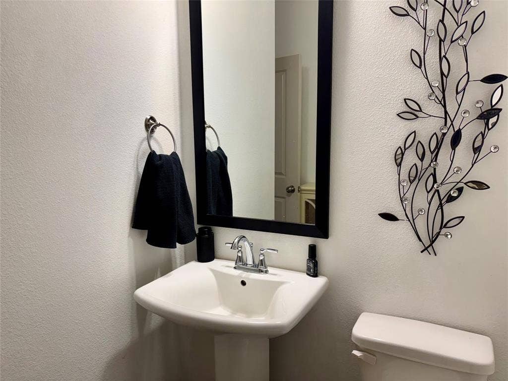 9096 Phoebe Road, Frisco, TX 75035 Pedestal sink featuring a polished chrome dual-handle faucet, wall-mounted circular towel ring, and rectangular mirror with a black frame