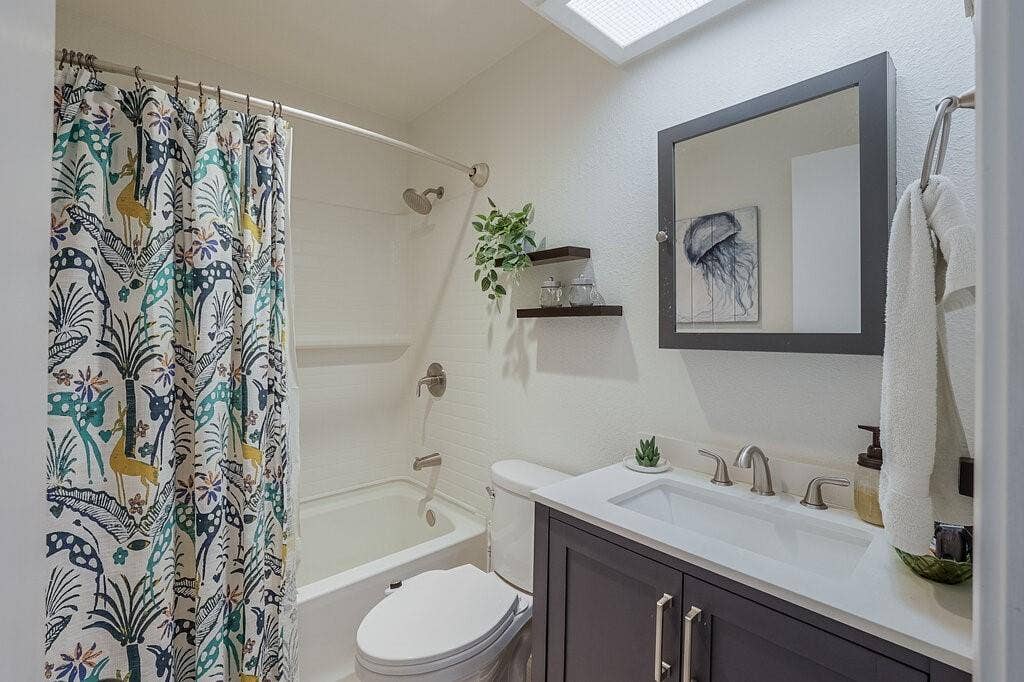 Bathroom featuring a skylight, dark-toned vanity with a rectangular sink, wall-mounted medicine cabinet, and integrated tub-shower combination