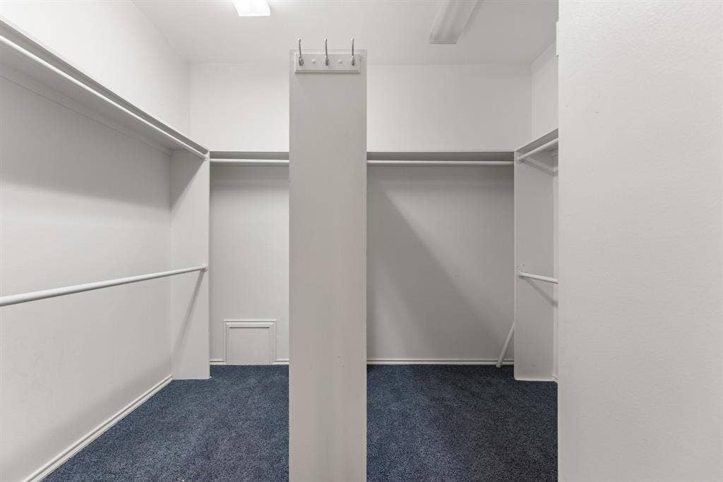 207 Westlane Circle, Woodway, TX 76712 Walk-in closet featuring blue carpeting, integrated shelving units, dual hanging rods, and a central pillar equipped with wall-mounted hooks