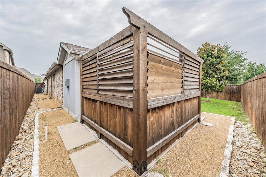 View of outdoor structure featuring a fenced backyard