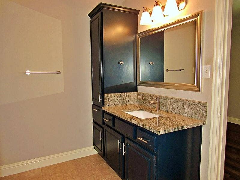 313 Timbercreek Court, Princeton, TX 75407 Dark-toned cabinetry featuring a tall built-in linen storage tower, stone-surface countertop with an integrated rectangular sink, three-light fixture with frosted glass shades, and a framed mirror