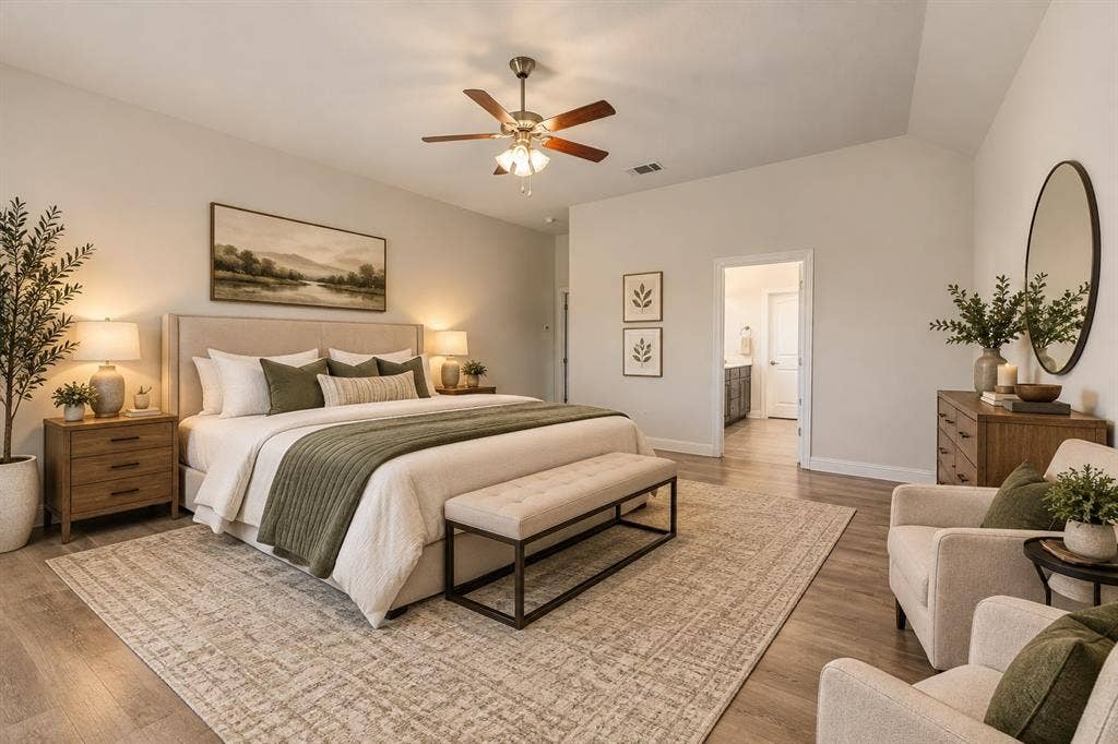 284 Goliad Trail, Forney, TX 75126 Vaulted ceilings, wood-finish flooring, and a central ceiling fan with integrated light fixture