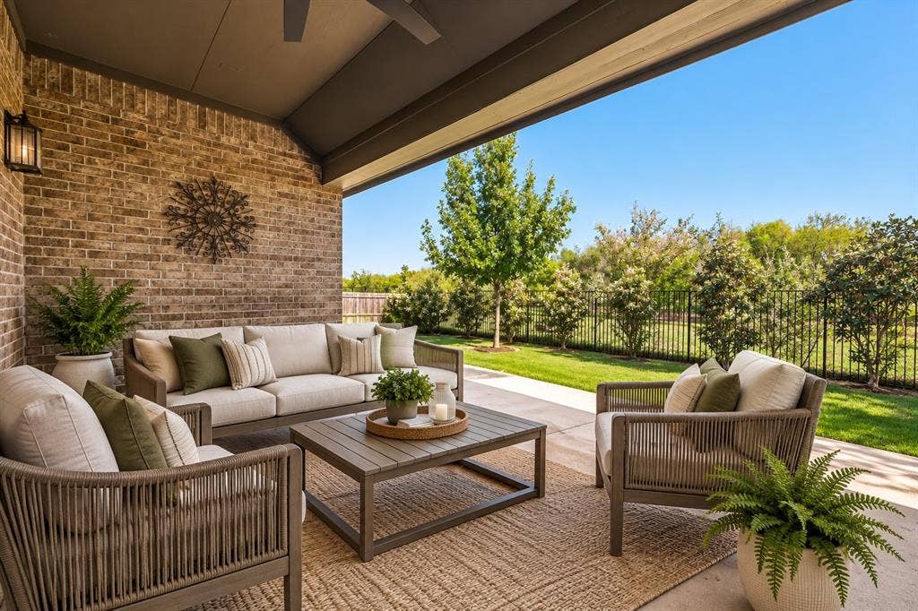 284 Goliad Trail, Forney, TX 75126 Covered patio featuring brick masonry, a vaulted ceiling, ceiling fan, and concrete flooring