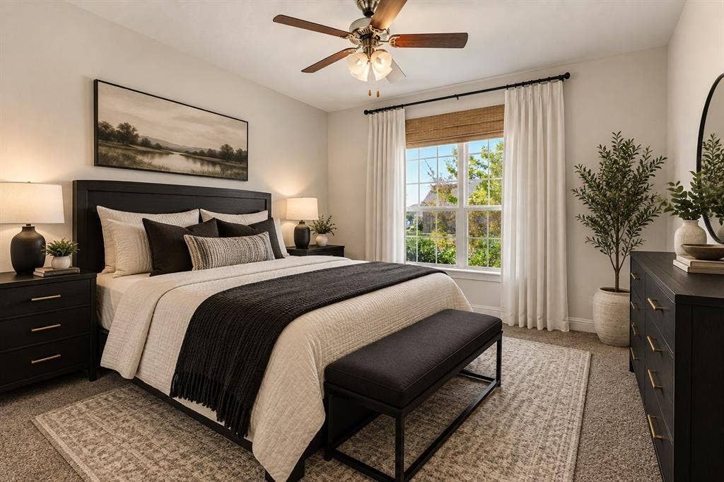 284 Goliad Trail, Forney, TX 75126 Bedroom featuring wall-to-wall carpeting, a multi-pane window with wood-finish blinds, and a multi-light ceiling fan