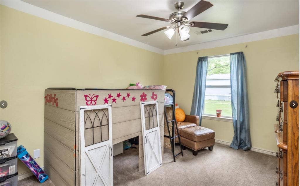 Neutral wall finishes, plush carpeting, multi-blade ceiling fan with integrated lighting, and a single-hung window