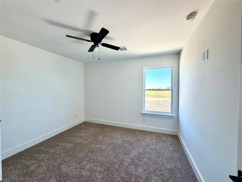 8902 Lowell Street, Rowlett, TX 75089 Neutral-toned wall-to-wall carpeting, single-hung window with exterior landscape exposure, matte black ceiling fan, and crisp white wall finish