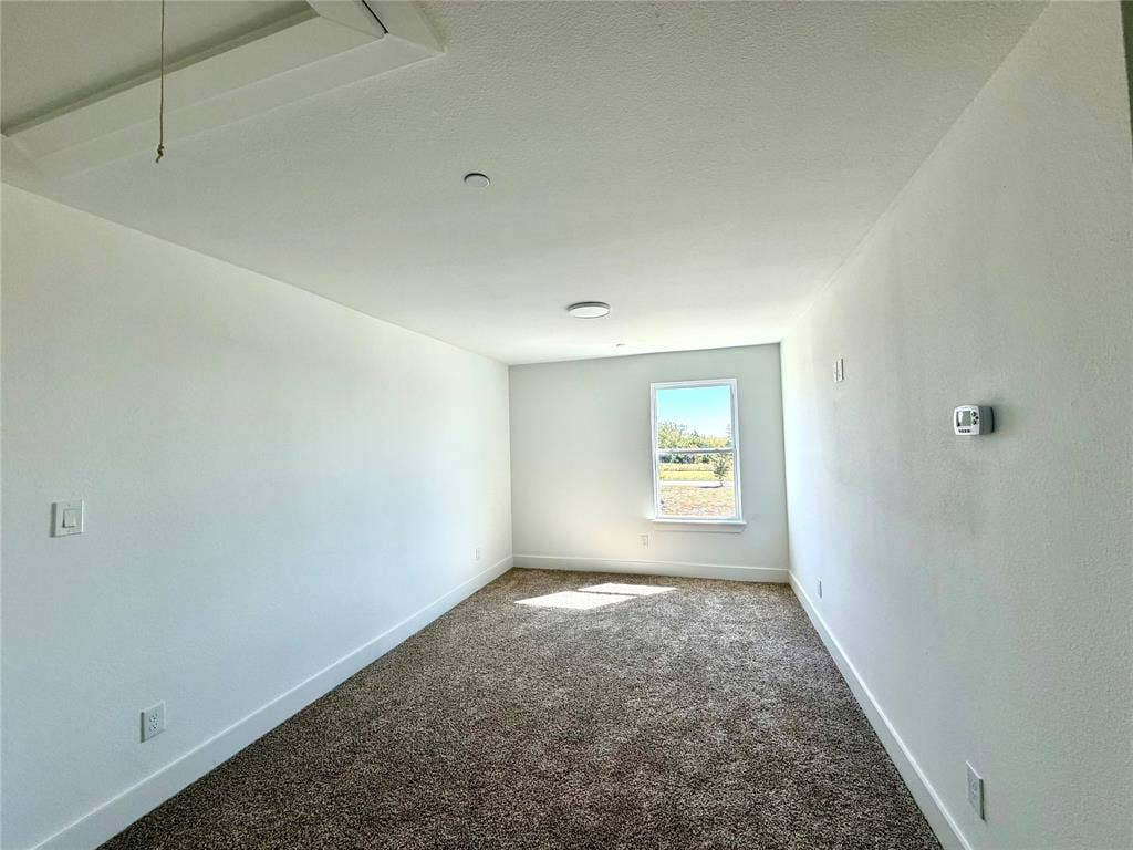 8902 Lowell Street, Rowlett, TX 75089 Neutral-toned wall paint, wall-to-wall carpeting, and a single-pane window
