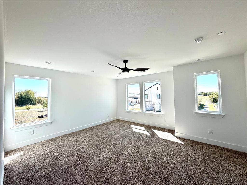 8902 Lowell Street, Rowlett, TX 75089 Neutral-toned carpeted flooring, matte black ceiling fan, and multiple windows providing natural light