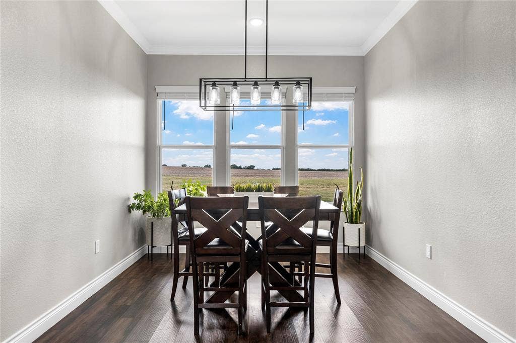Triple windows with crown molding, dark wood-finish flooring, and a linear five-light rectangular chandelier