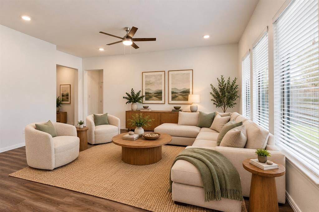 2305 Switchgrass Street, Melissa, TX 75454 Living area featuring wood-finish flooring, recessed lighting, a modern ceiling fan, and large windows with horizontal blinds. Virtual photo
