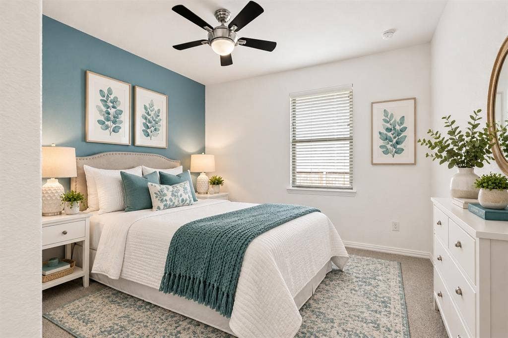 2305 Switchgrass Street, Melissa, TX 75454 Accent wall featuring a blue-toned finish, central ceiling fan with integrated lighting, window with adjustable horizontal blinds, and neutral carpeting
