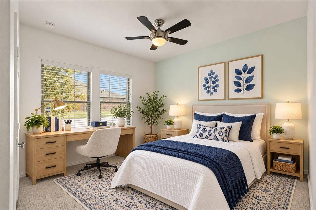 2305 Switchgrass Street, Melissa, TX 75454 Bedroom featuring carpeted flooring, dual-pane windows, and a ceiling fan with integrated lighting. Virtual photo