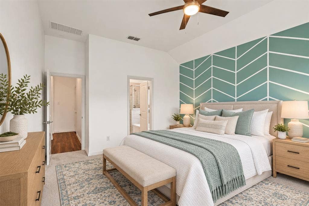 2305 Switchgrass Street, Melissa, TX 75454 Vaulted ceilings, geometric accent wall, and ceiling fan with integrated lighting. Virtual photo