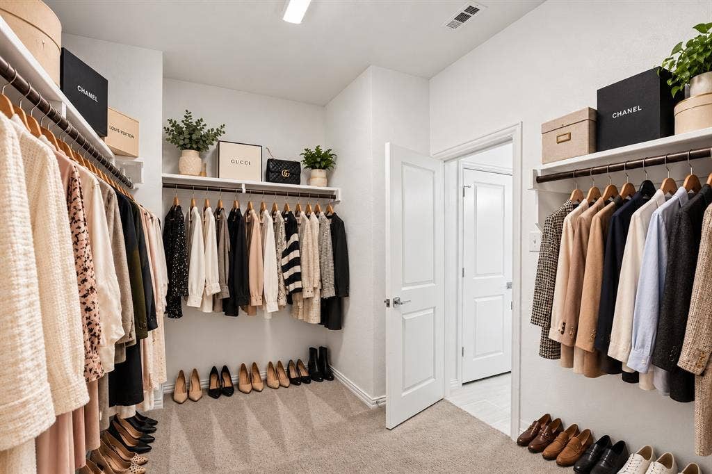 2305 Switchgrass Street, Melissa, TX 75454 Walk-in closet featuring multi-level built-in shelving, hanging rods, neutral carpeting, and a multi-panel door. Virtual photo