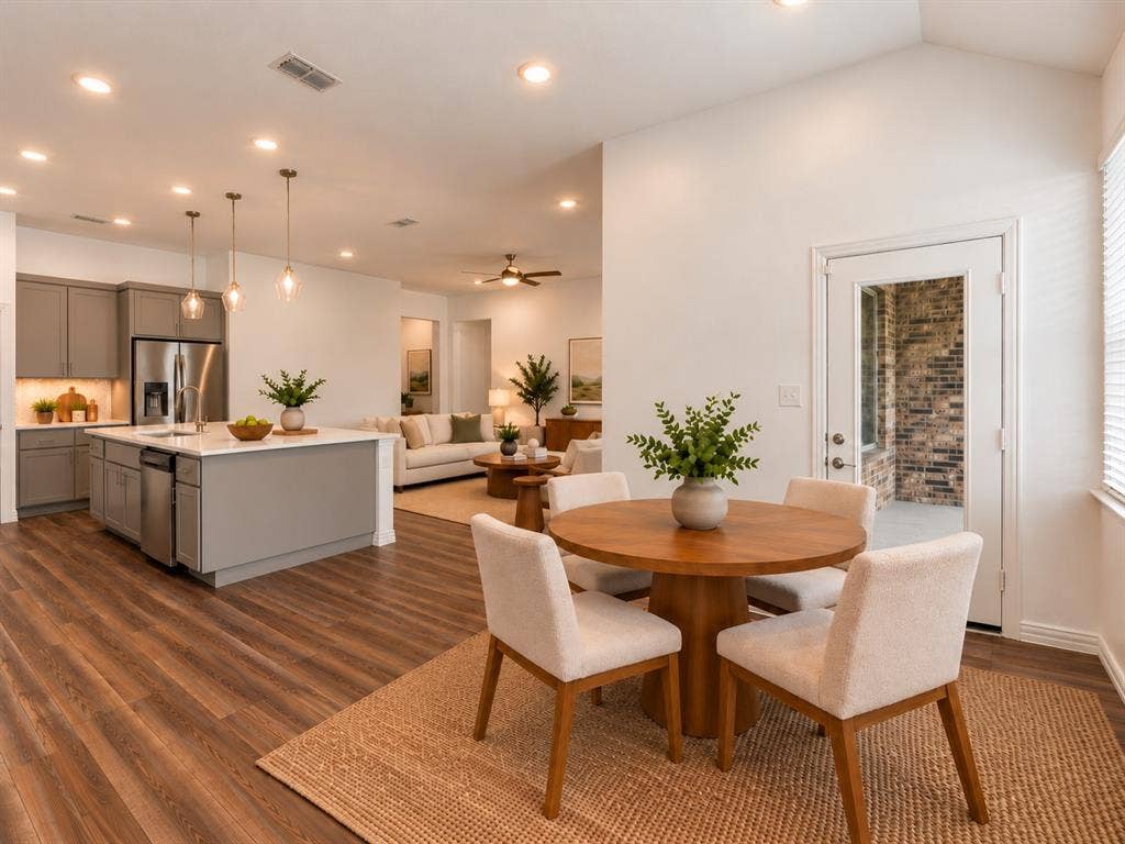 2305 Switchgrass Street, Melissa, TX 75454 Open kitchen featuring a central island, neutral-toned cabinetry, stainless steel appliances, and wood-finish flooring throughout. Virtual photo