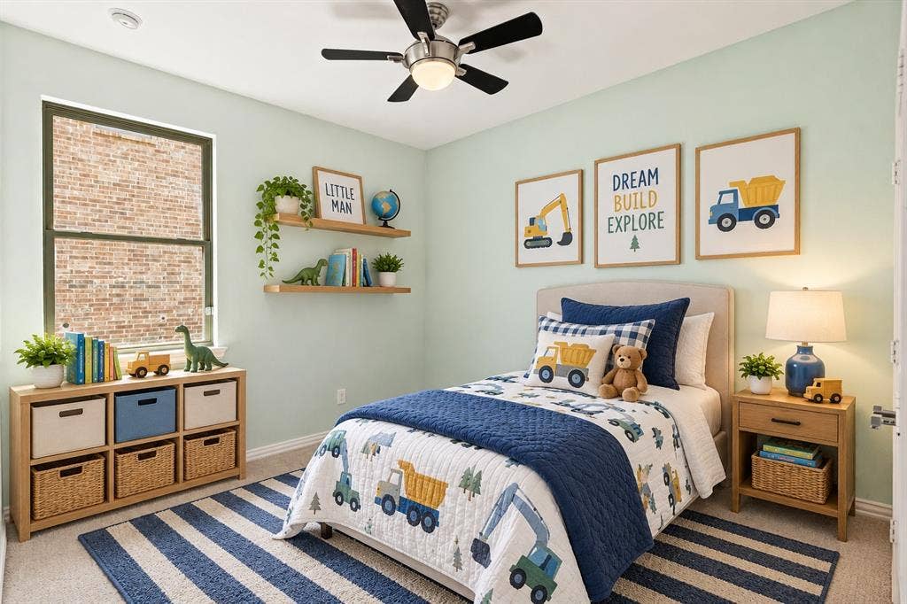 2305 Switchgrass Street, Melissa, TX 75454 Bedroom featuring neutral wall paint, two natural wood floating wall shelves, a dual-tone ceiling fan with integrated lighting, and a single-hung window