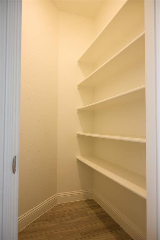 Built-in storage pantry featuring four tiered shelves and wood-finish flooring