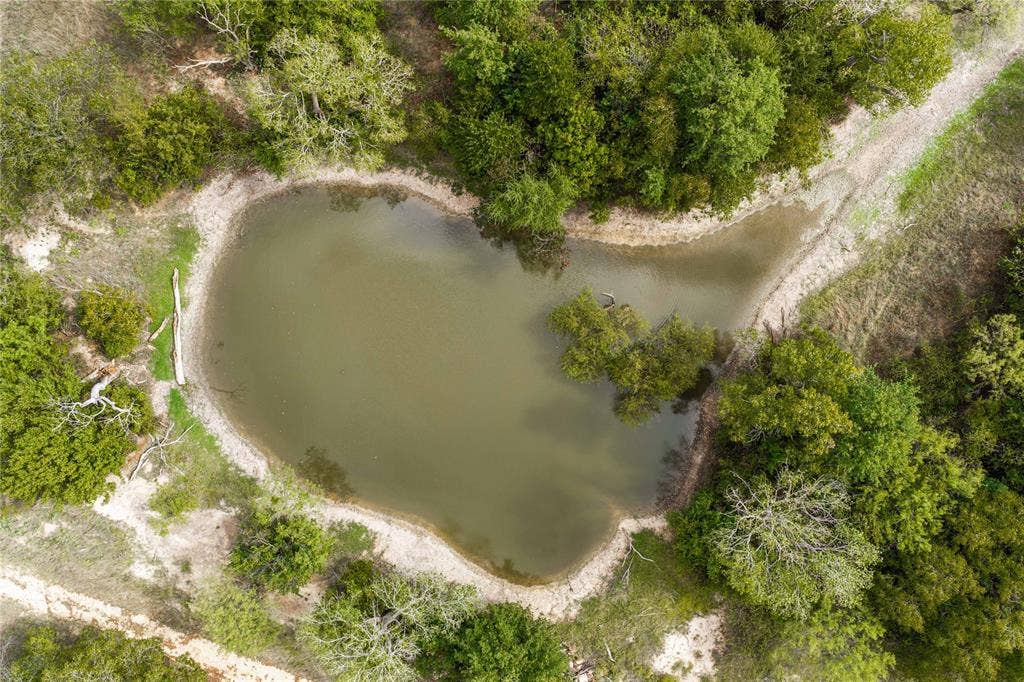 5540 County Road 334, Blanket, TX 76432 Aerial view of a natural pond surrounded by established trees and cleared dirt trails