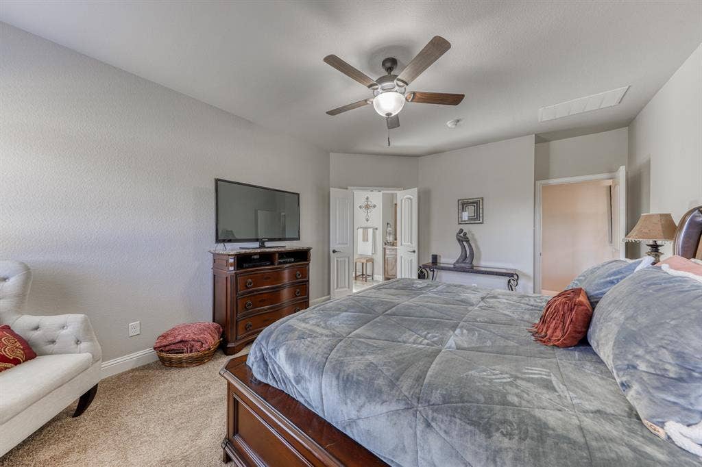 128 Breeders Drive, Willow Park, TX 76087 Room featuring neutral wall tones, carpeted flooring, a ceiling fan with integrated lighting, and dual doors