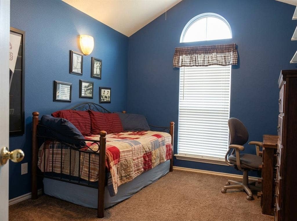 2306 Summit Drive, McKinney, TX 75071 Vaulted ceiling room featuring a single window with an arched transom, neutral carpeting, and a wall-mounted light fixture