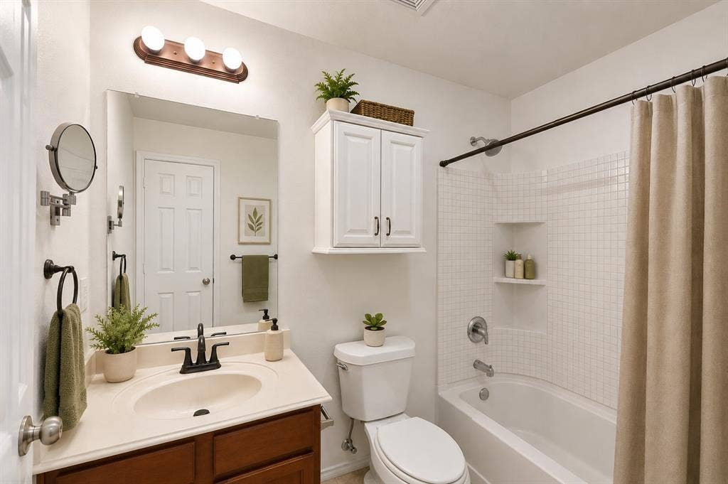 Bathroom featuring a wood-finish vanity with a molded countertop, oil-rubbed bronze hardware, wall-mounted cabinetry, and a tub-shower combination with integrated tile surround and recessed shelving