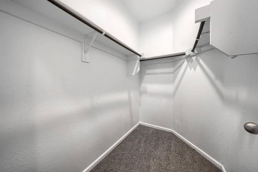 Storage area featuring wall-to-wall carpeting, tiered built-in shelving, and dual hanging rods