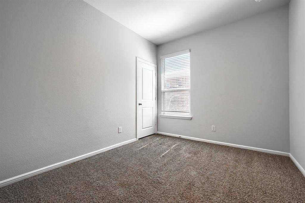Neutral-toned interior room featuring textured carpeting, a single-panel window with horizontal blinds, and a solid-core interior door