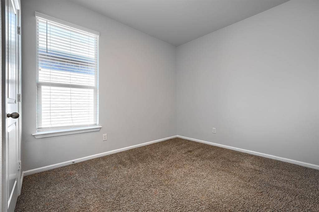 Neutral-toned room featuring neutral carpeting, a window with installed horizontal blinds, and a paneled interior door