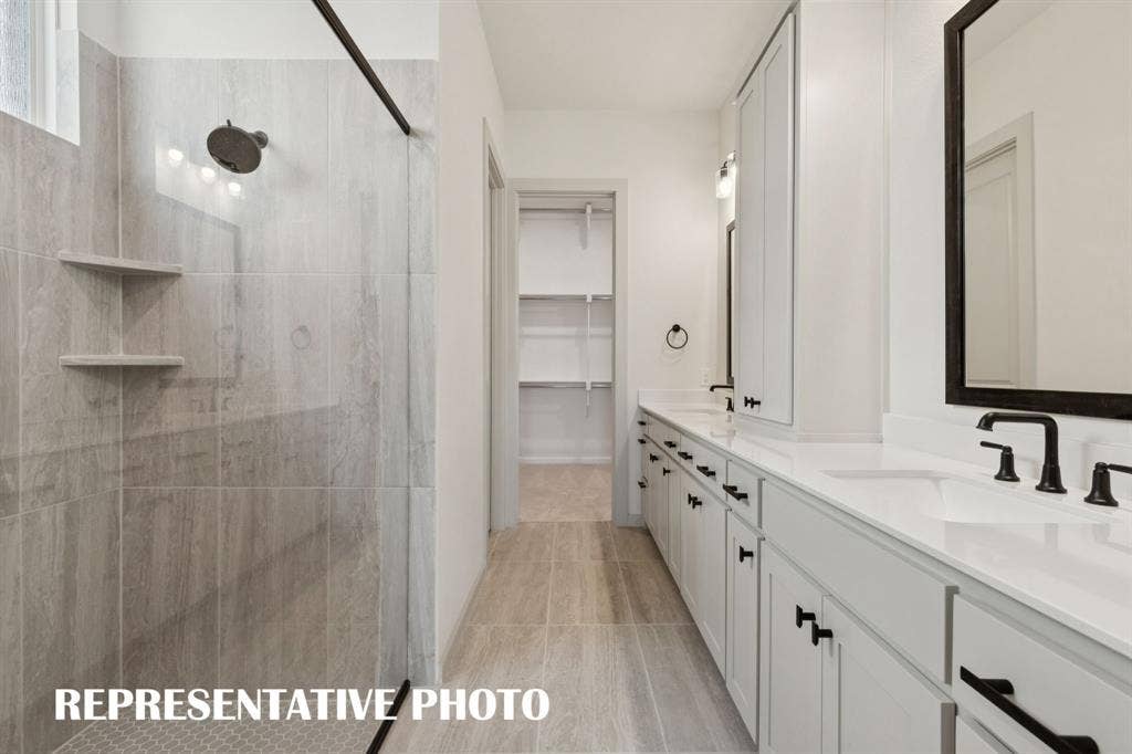 Featuring ample space for two, a delightful walk in shower with drying area and a dream closet with seasonal hanging space, you'll enjoy a spa like experience every day in this wonderful owner's bath!  REPRESENTATIVE PHOTO