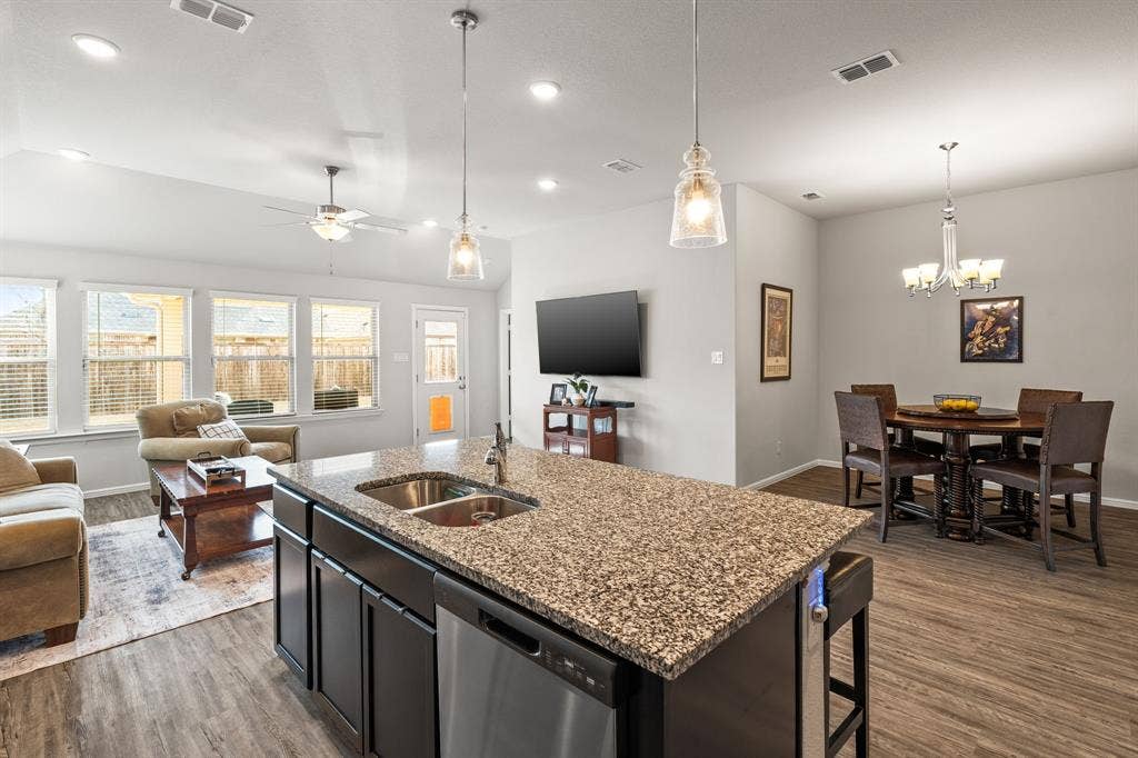 View from the kitchen of the dining room and living room