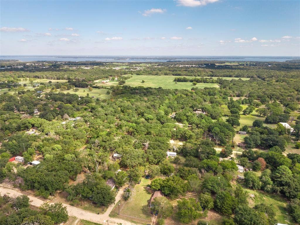 1219 Green Tree Acres Road, Kemp, TX 75143 Aerial perspective featuring expansive wooded acreage, mature canopy trees, and an open grass clearing