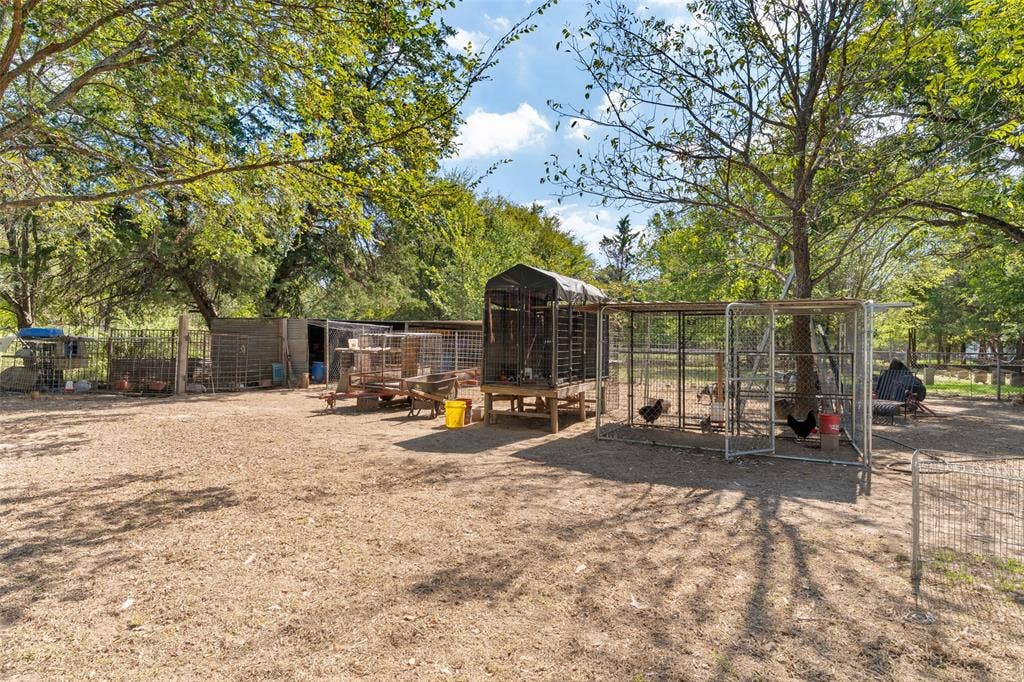 1219 Green Tree Acres Road, Kemp, TX 75143 Expansive grounds featuring mature shade trees, perimeter metal fencing, and multiple external wire enclosures