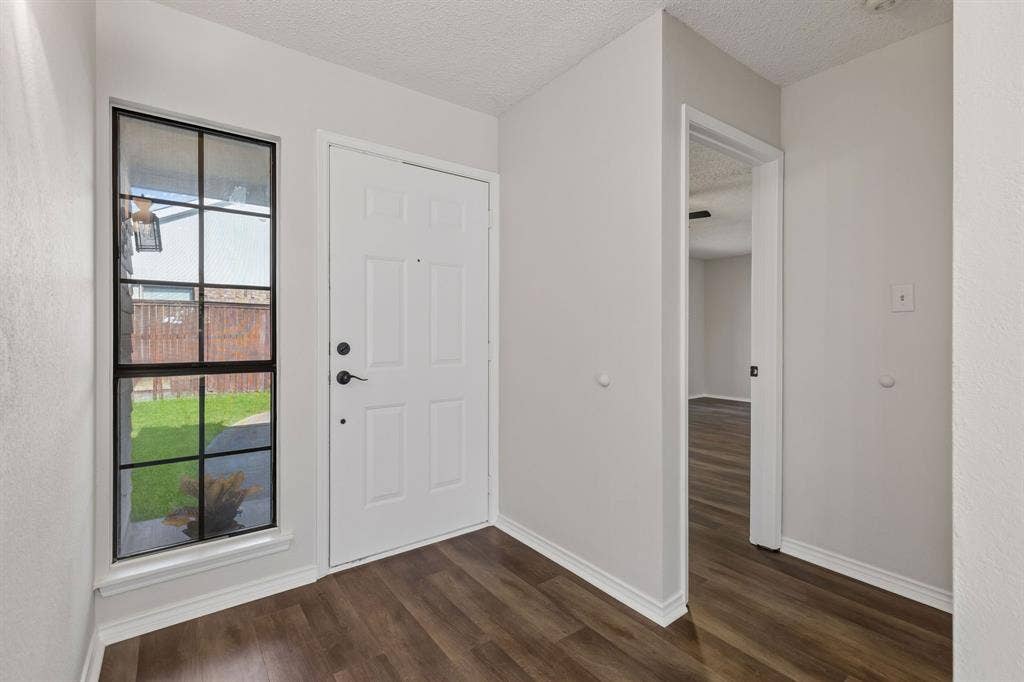 Entryway featuring wood-finish flooring, a six-panel exterior door with matte black hardware, and a tall, grid-patterned side light