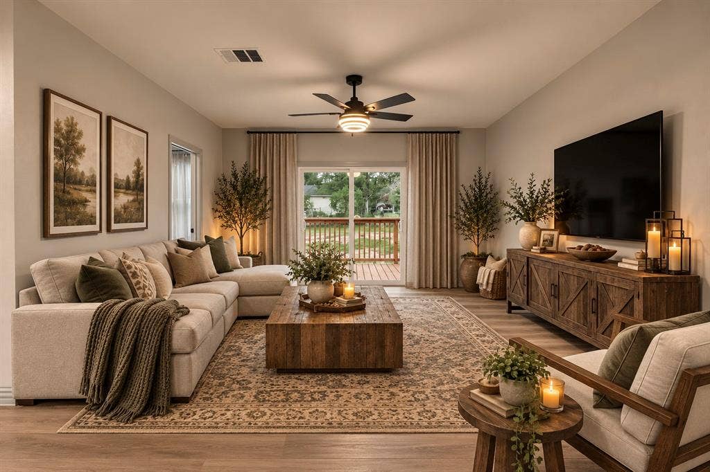 AI INSPIRED -- Living area featuring wood-finish flooring, a central ceiling fan with integrated lighting, and a sliding glass door providing external access