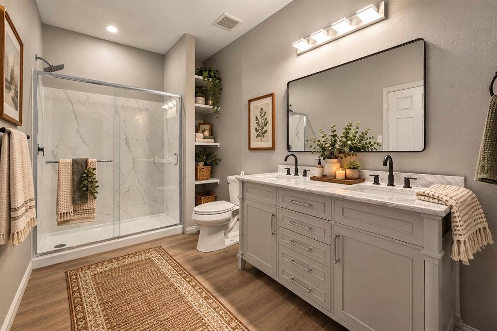 Bathroom featuring a dual-sink vanity with stone-top counters, matte black plumbing fixtures, a walk-in shower with glass sliding doors, stone-finish wall surrounds, and built-in wall shelving