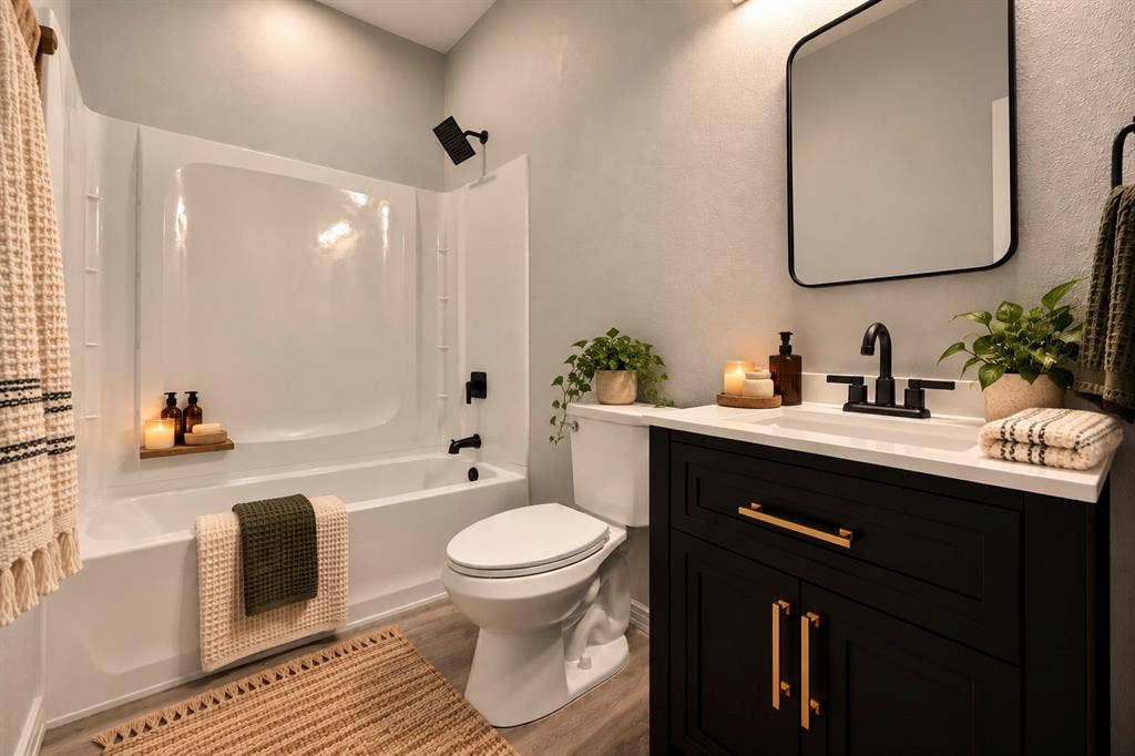 AI INSPIRED -- Bathroom featuring a vanity with a white countertop and gold-toned hardware, a tub-shower combination with matte black fixtures, a rectangular mirror with a rounded black frame, and wood-finish flooring