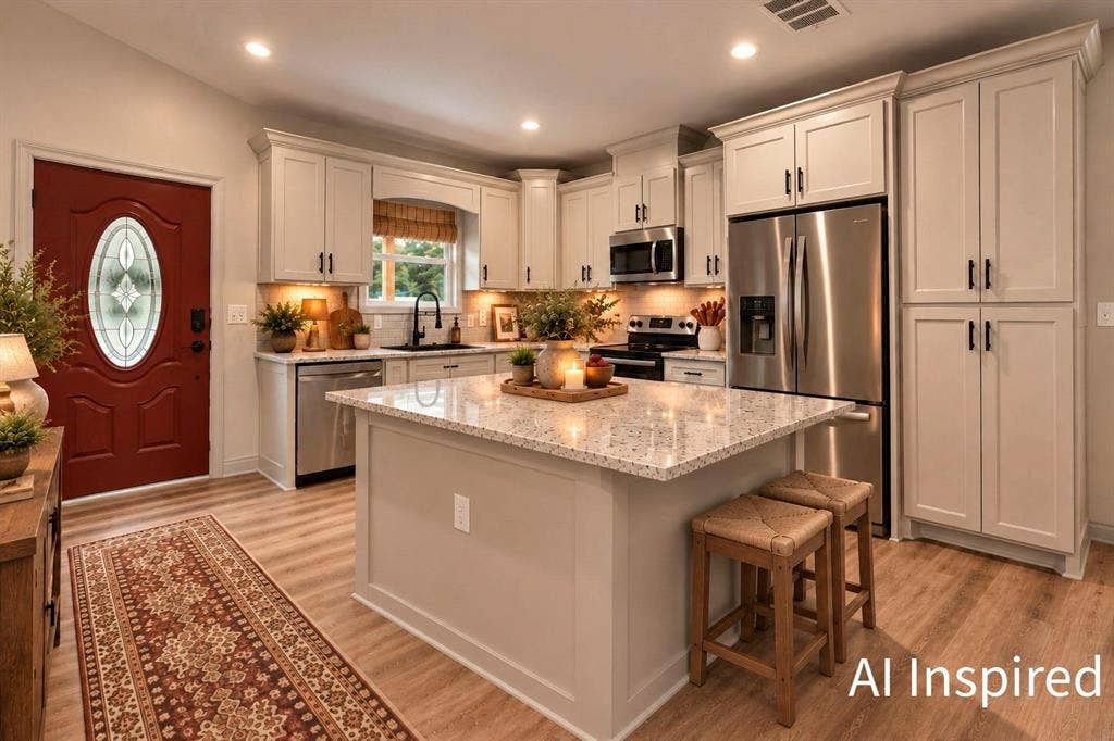 AI INSPIRED Kitchen featuring shaker-style cabinetry, a stone-surface island, stainless steel appliances, and wood-finish flooring