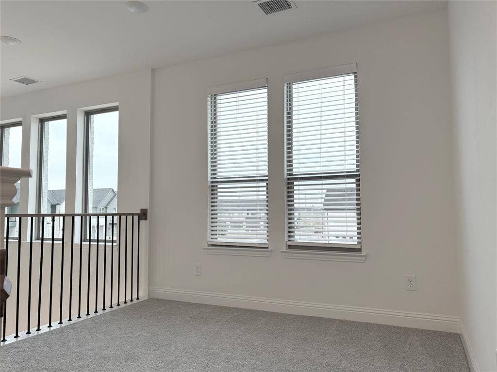2528 Brunswick Way, Allen, TX 75013 Neutral-toned carpeting, vertical windows with integrated blinds, and black metal baluster railing