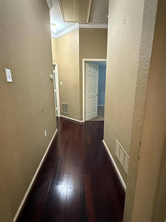 1307 Capstan Drive, Allen, TX 75013 Hallway featuring dark wood-finish flooring, neutral wall paint, crown molding, and two-panel interior doors