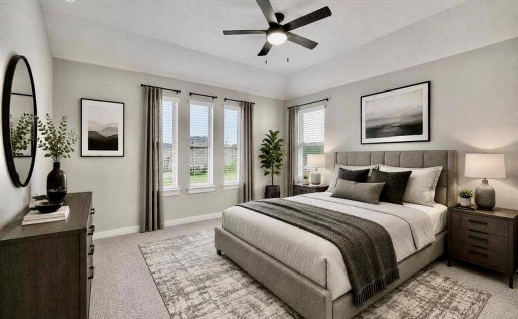 Tray ceiling, ceiling fan with integrated lighting, triple-pane window configuration, and neutral wall-to-wall carpeting