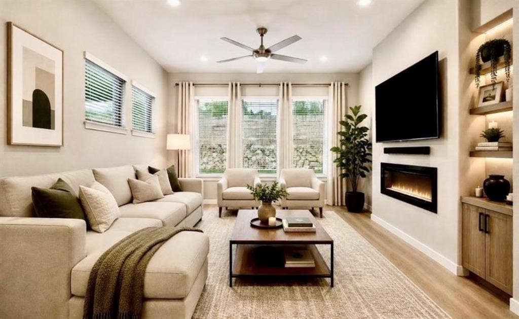 Living area featuring recessed lighting, a ceiling fan, wood-finish flooring, a linear electric fireplace, and built-in shelving with integrated lighting