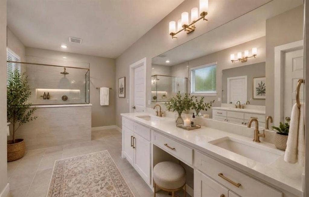 Dual-vanity cabinet with quartz countertop, under-mount sinks, brass-finish fixtures, full-width vanity mirror, and glass-enclosed walk-in shower with integrated wall niche