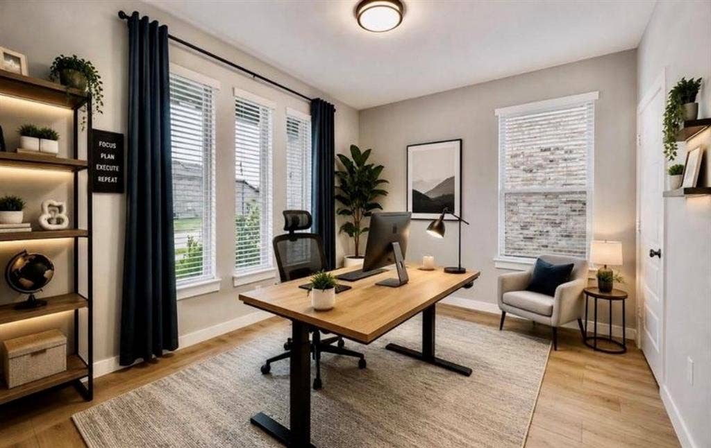 Office space featuring neutral walls, wood-finish flooring, multiple windows with blinds, and built-in wall shelving with integrated lighting