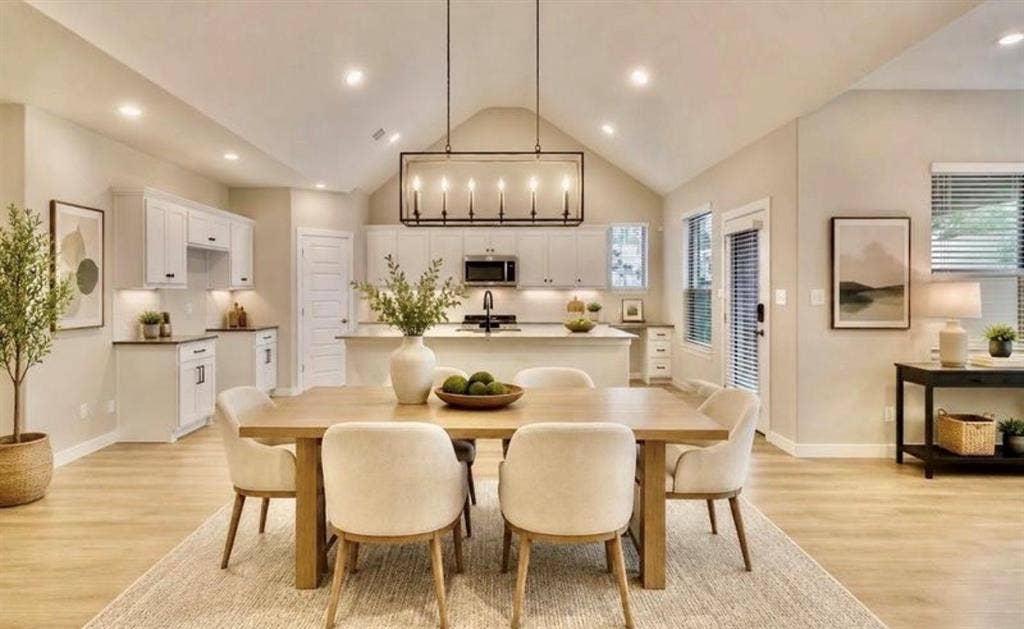 Open-concept kitchen and dining area featuring vaulted ceilings, linear iron chandelier lighting, wood-finish flooring, and white cabinetry