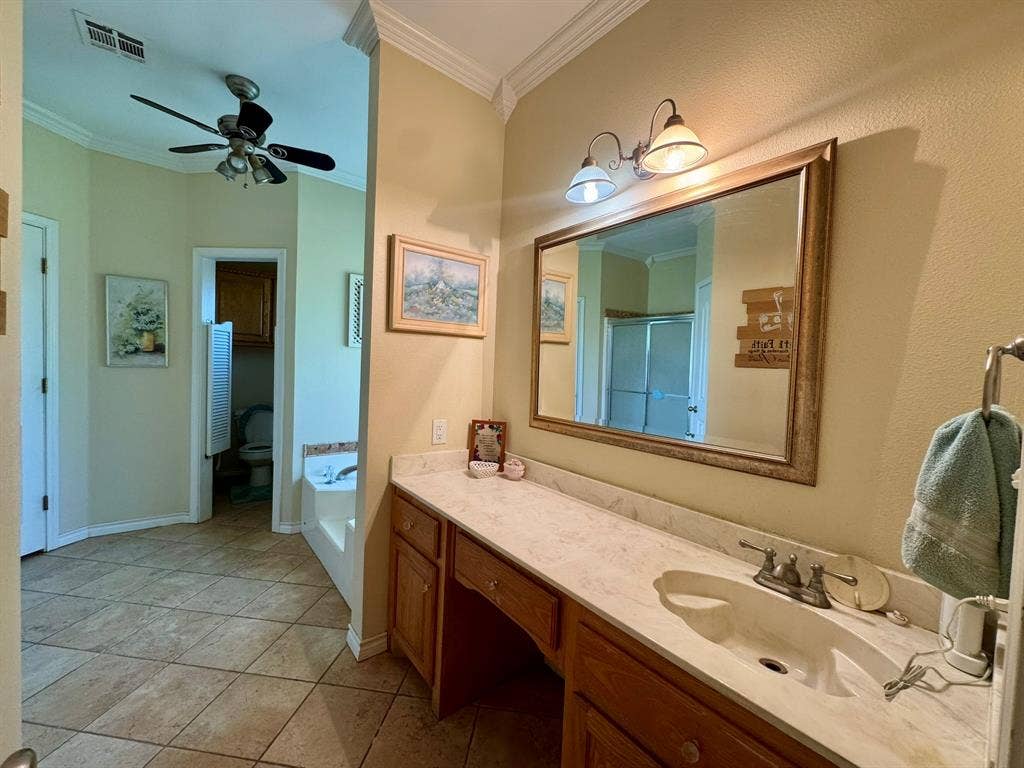 3700 NE County Road 0095, Corsicana, TX 75109 Bathroom featuring a dual-basin vanity with a stone countertop, crown molding, tile flooring, and an integrated bathtub